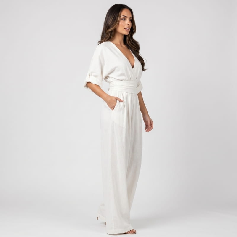 Selene Woven Wide Leg Jumpsuit – Deep V-Neck Obi Waist Dolman Sleeve Elegant Casual Outfit