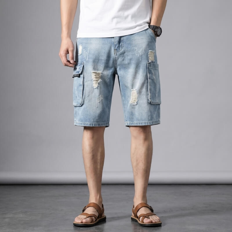 Xavier Stretch Denim Cargo Shorts – Distressed Raw Edge Flap Pocket Relaxed Casual Trousers