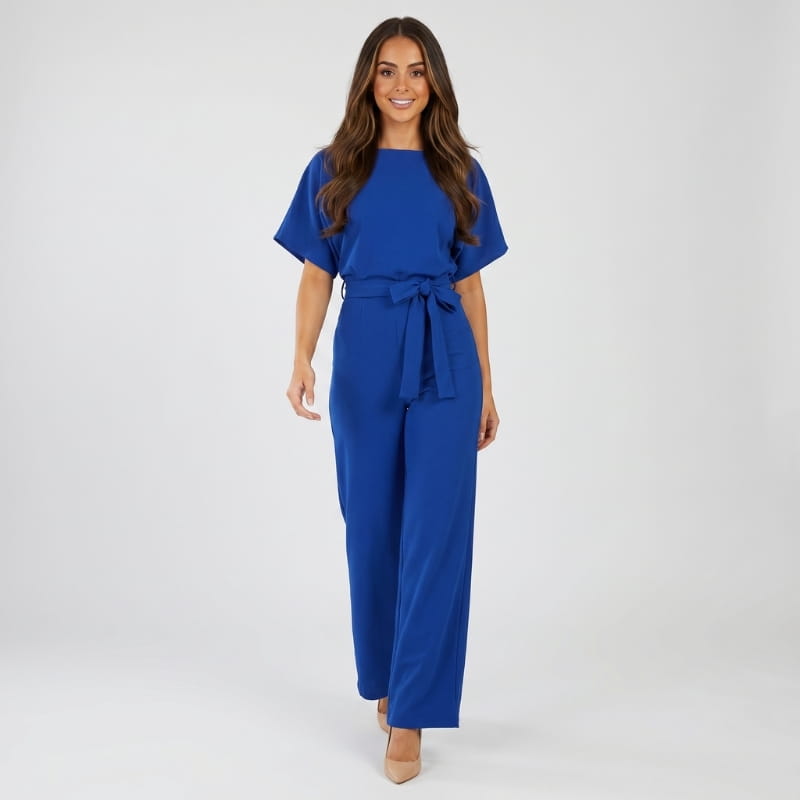 Nadia Woven Wide Leg Jumpsuit – Bateau Neck Dolman Sleeve Self-Tie Belt Elegant Occasion Outfit