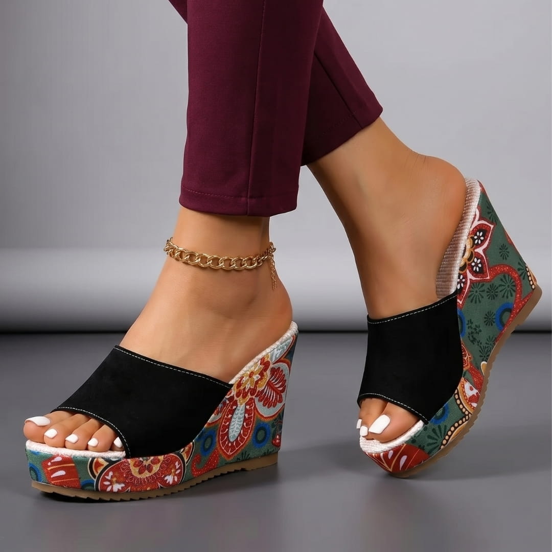 Clara Velvet Wedge Sandals – Artistic Floral Slip-On Summer Footwear