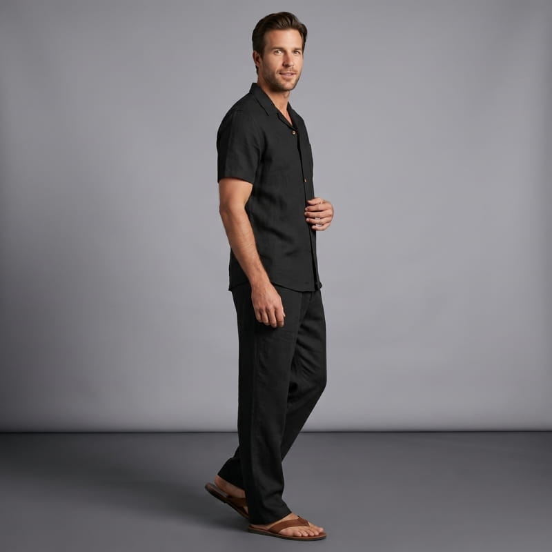 Kevin Linen Two-Piece Set – Cuban Collar Shirt Straight Leg Trouser Relaxed Resort Casual Outfit