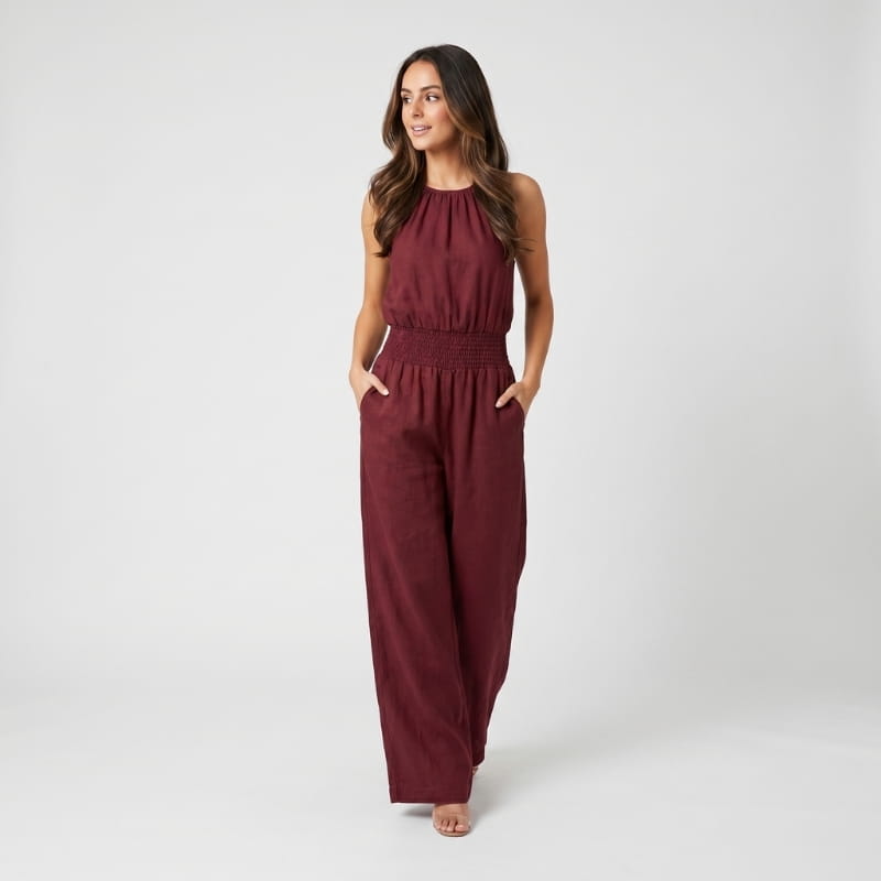 Lorena Linen Halter Neck Jumpsuit – Smocked Waist Wide Leg Sleeveless Boho Casual Outfit