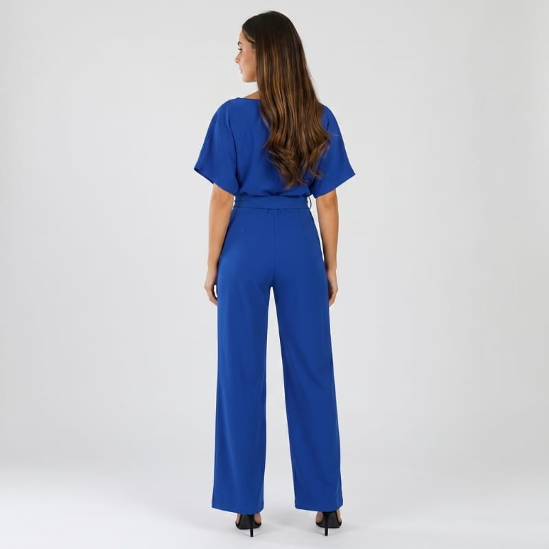 Nadia Woven Wide Leg Jumpsuit – Bateau Neck Dolman Sleeve Self-Tie Belt Elegant Occasion Outfit