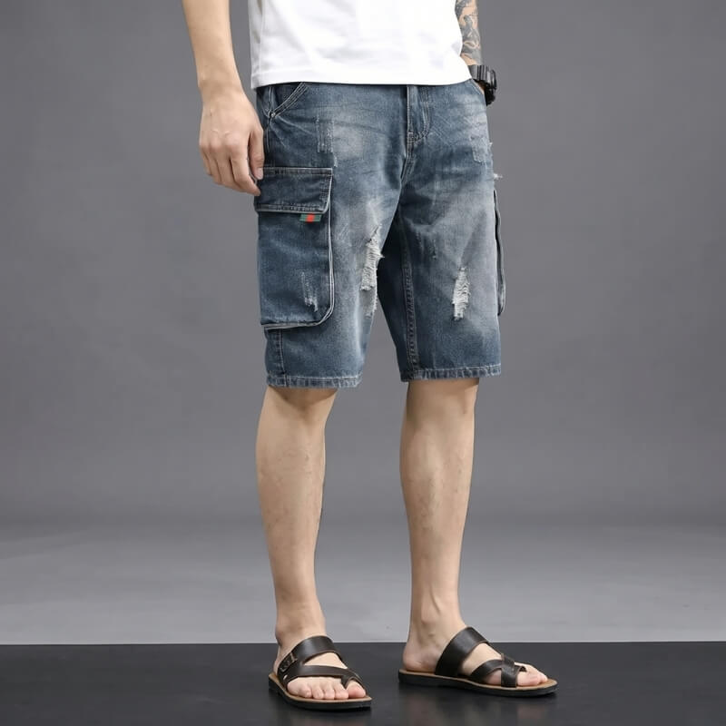 Xavier Stretch Denim Cargo Shorts – Distressed Raw Edge Flap Pocket Relaxed Casual Trousers