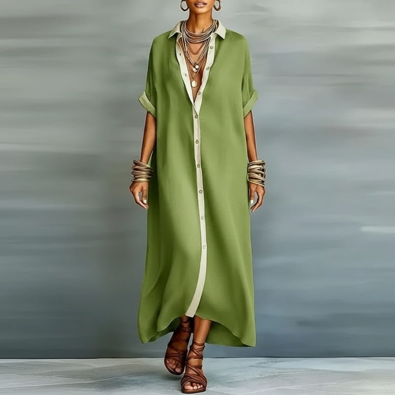 Aurelia Cotton Linen Contrast Trim Button Shirt Maxi Dress – Relaxed Vacation Silhouette