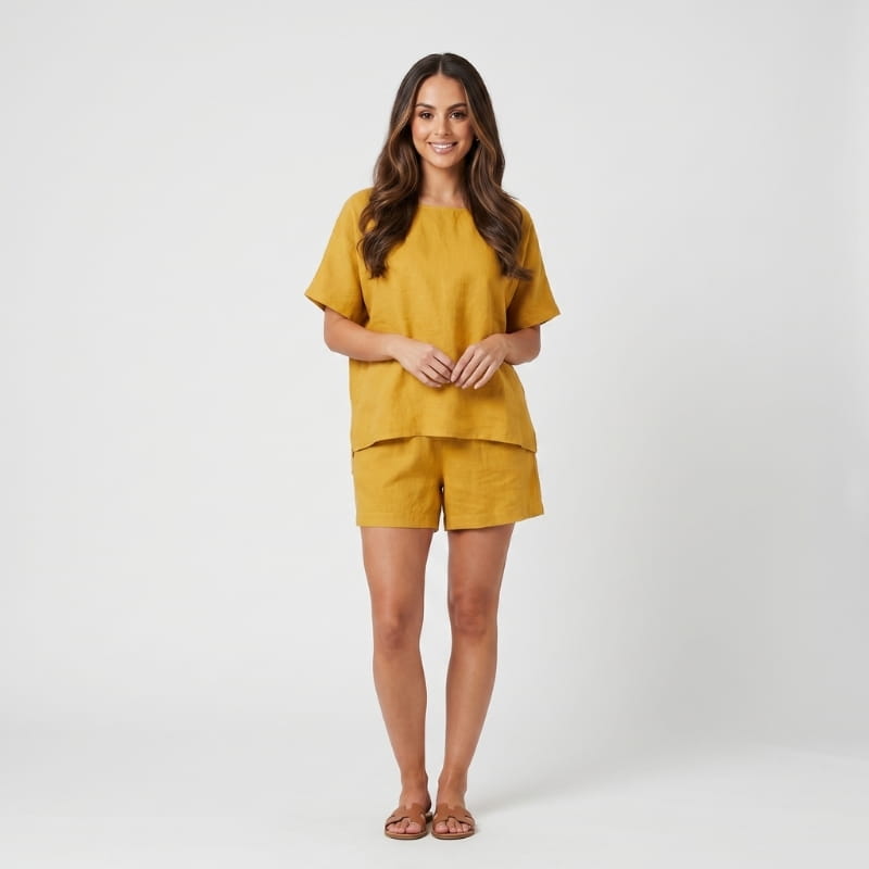 Brisa Linen Two-Piece Set – Batwing Round Neck Oversized Top Elastic Waist Shorts Casual Outfit