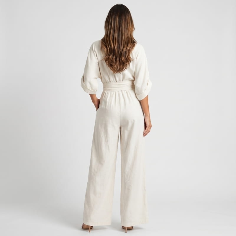 Selene Woven Wide Leg Jumpsuit – Deep V-Neck Obi Waist Dolman Sleeve Elegant Casual Outfit