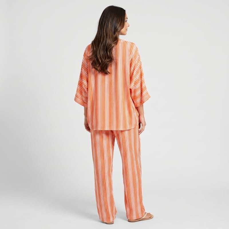 Dania Striped Woven Two-Piece Set – Batwing V-Neck Top Wide Leg Drawstring Relaxed Outfit