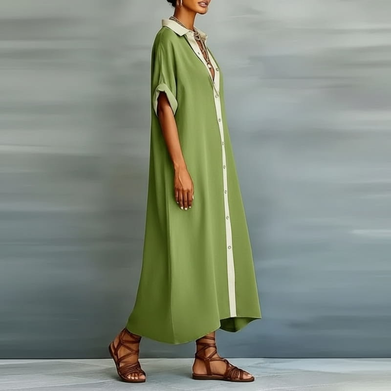Aurelia Cotton Linen Contrast Trim Button Shirt Maxi Dress – Relaxed Vacation Silhouette