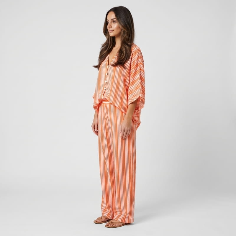 Dania Striped Woven Two-Piece Set – Batwing V-Neck Top Wide Leg Drawstring Relaxed Outfit