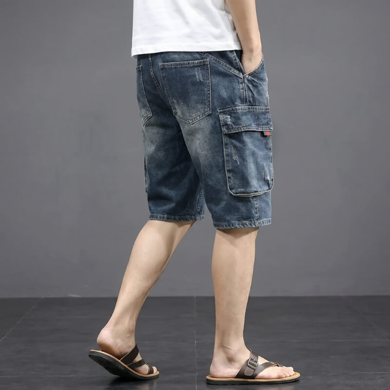 Xavier Stretch Denim Cargo Shorts – Distressed Raw Edge Flap Pocket Relaxed Casual Trousers