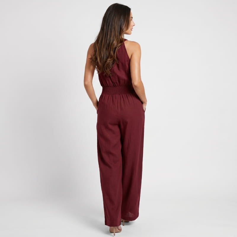 Lorena Linen Halter Neck Jumpsuit – Smocked Waist Wide Leg Sleeveless Boho Casual Outfit
