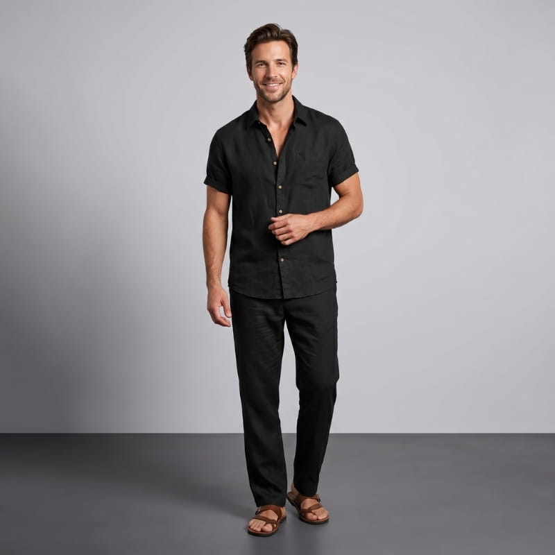 Kevin Linen Two-Piece Set – Cuban Collar Shirt Straight Leg Trouser Relaxed Resort Casual Outfit