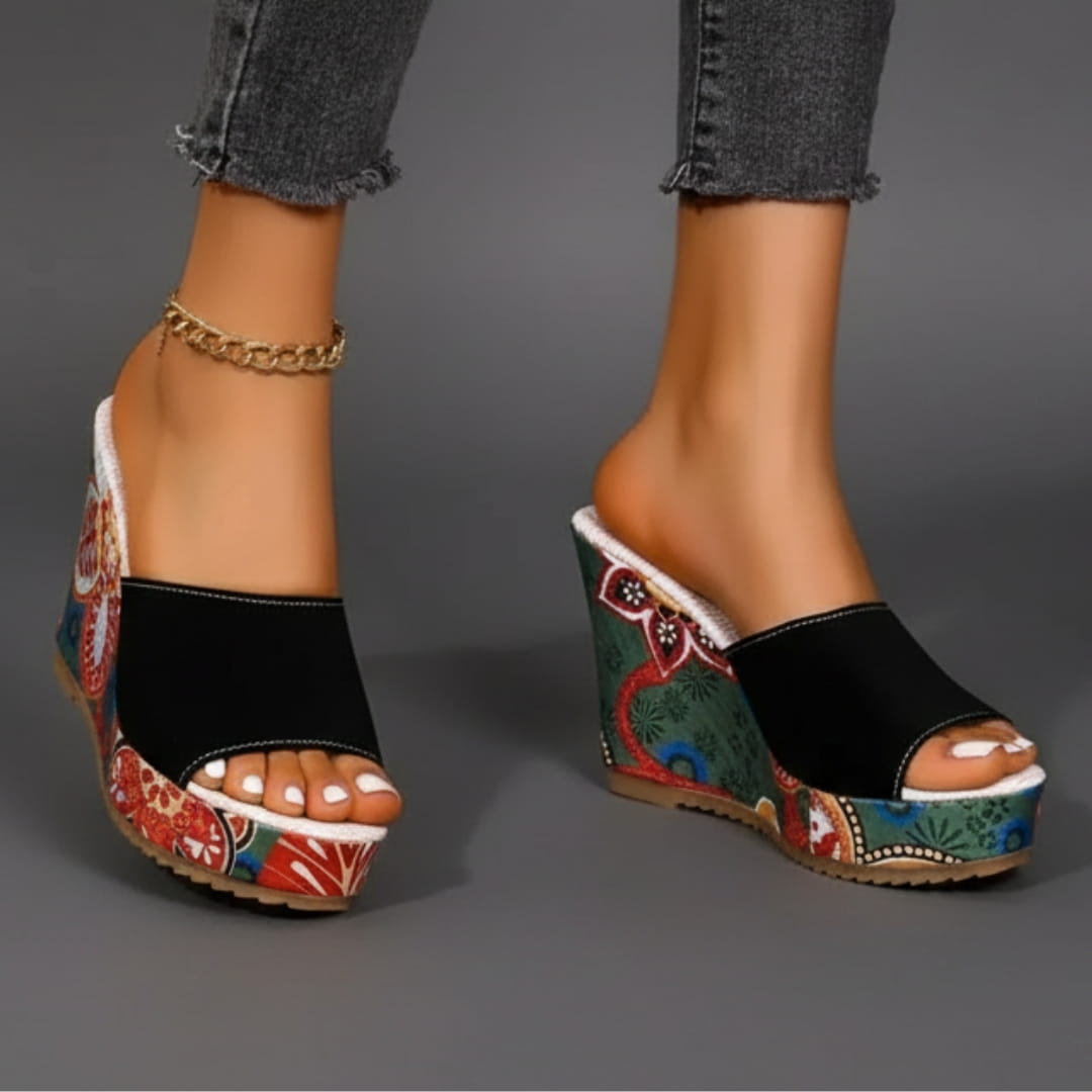 Clara Velvet Wedge Sandals – Artistic Floral Slip-On Summer Footwear