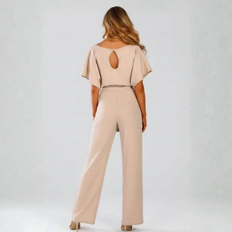 Nadia Woven Wide Leg Jumpsuit – Bateau Neck Dolman Sleeve Self-Tie Belt Elegant Occasion Outfit