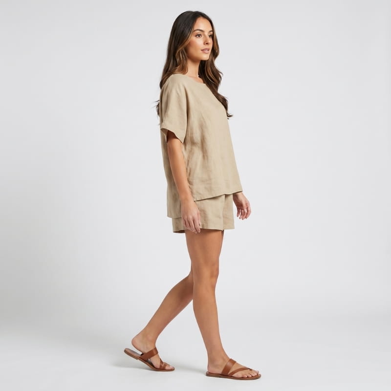 Brisa Linen Two-Piece Set – Batwing Round Neck Oversized Top Elastic Waist Shorts Casual Outfit