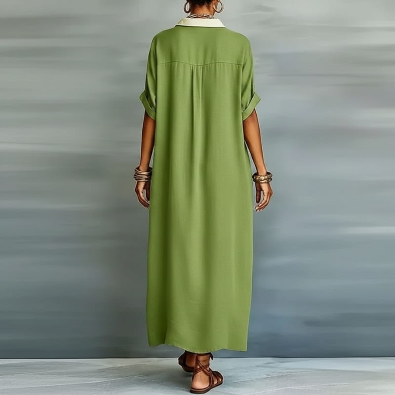 Aurelia Cotton Linen Contrast Trim Button Shirt Maxi Dress – Relaxed Vacation Silhouette