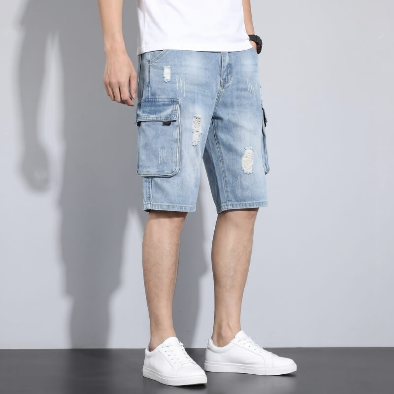 Xavier Stretch Denim Cargo Shorts – Distressed Raw Edge Flap Pocket Relaxed Casual Trousers