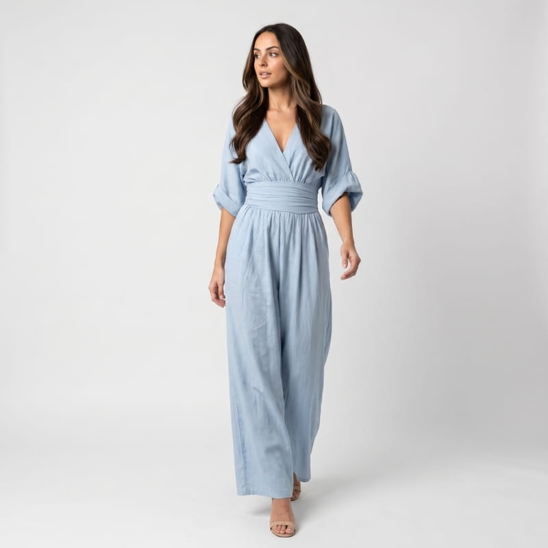Selene Woven Wide Leg Jumpsuit – Deep V-Neck Obi Waist Dolman Sleeve Elegant Casual Outfit