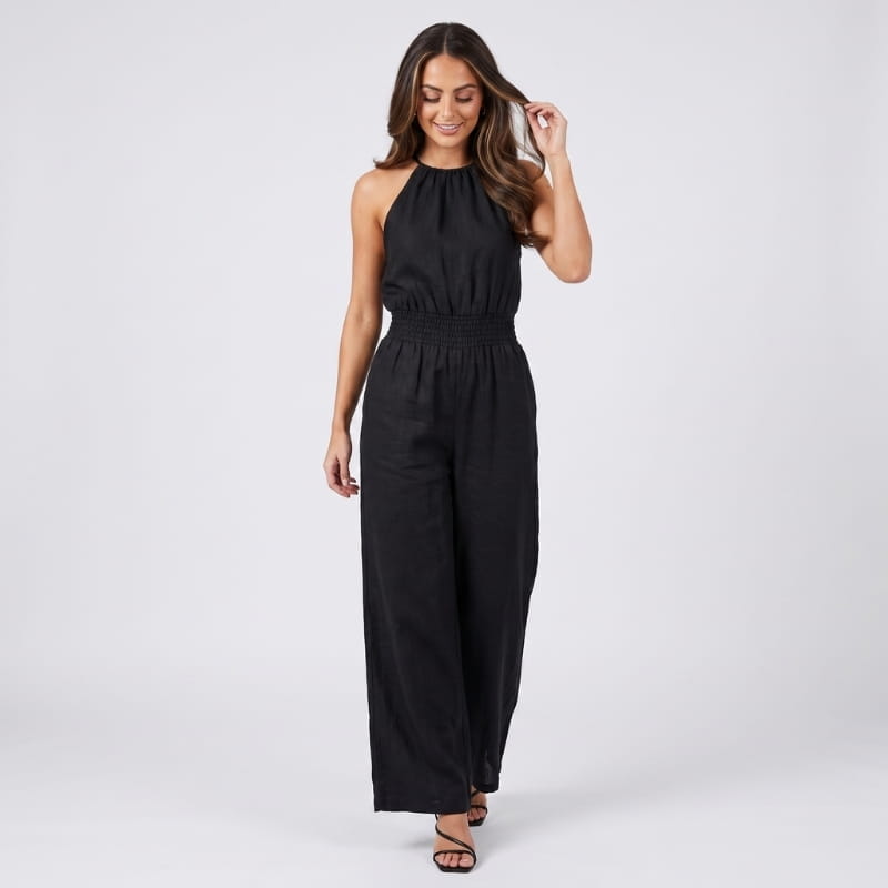 Lorena Linen Halter Neck Jumpsuit – Smocked Waist Wide Leg Sleeveless Boho Casual Outfit