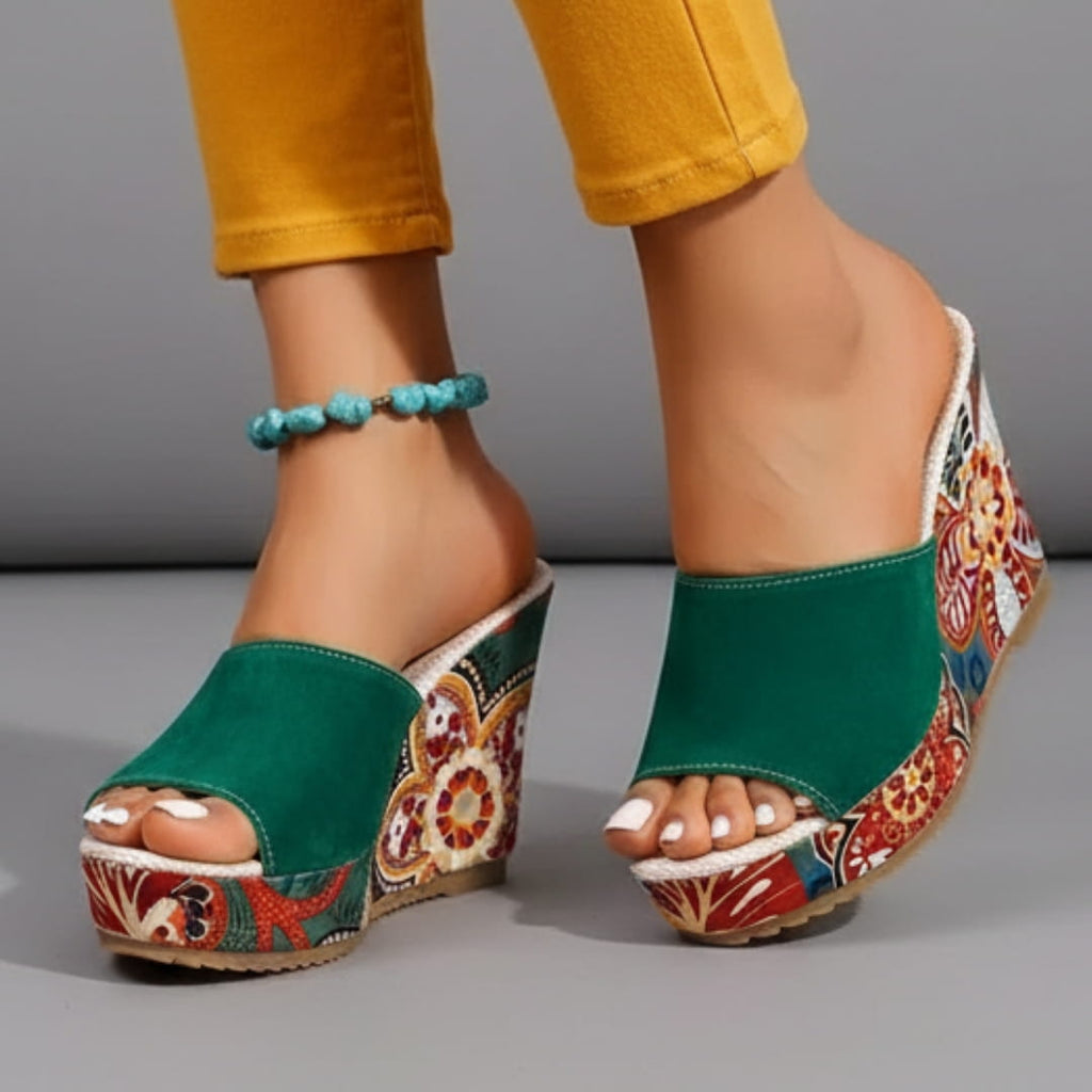 Clara Velvet Wedge Sandals – Artistic Floral Slip-On Summer Footwear
