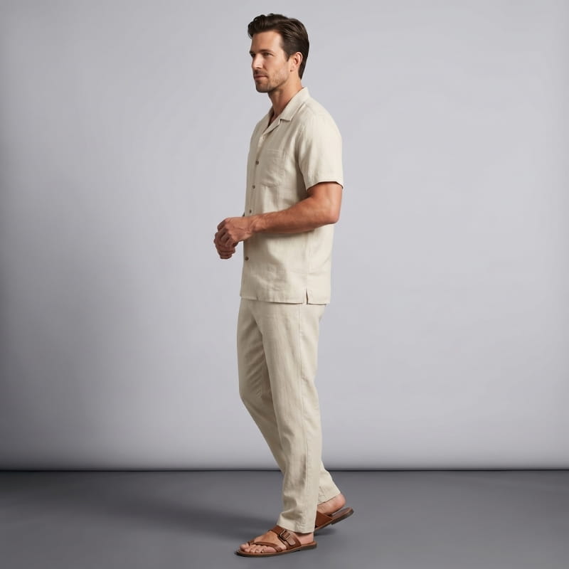 Kevin Linen Two-Piece Set – Cuban Collar Shirt Straight Leg Trouser Relaxed Resort Casual Outfit
