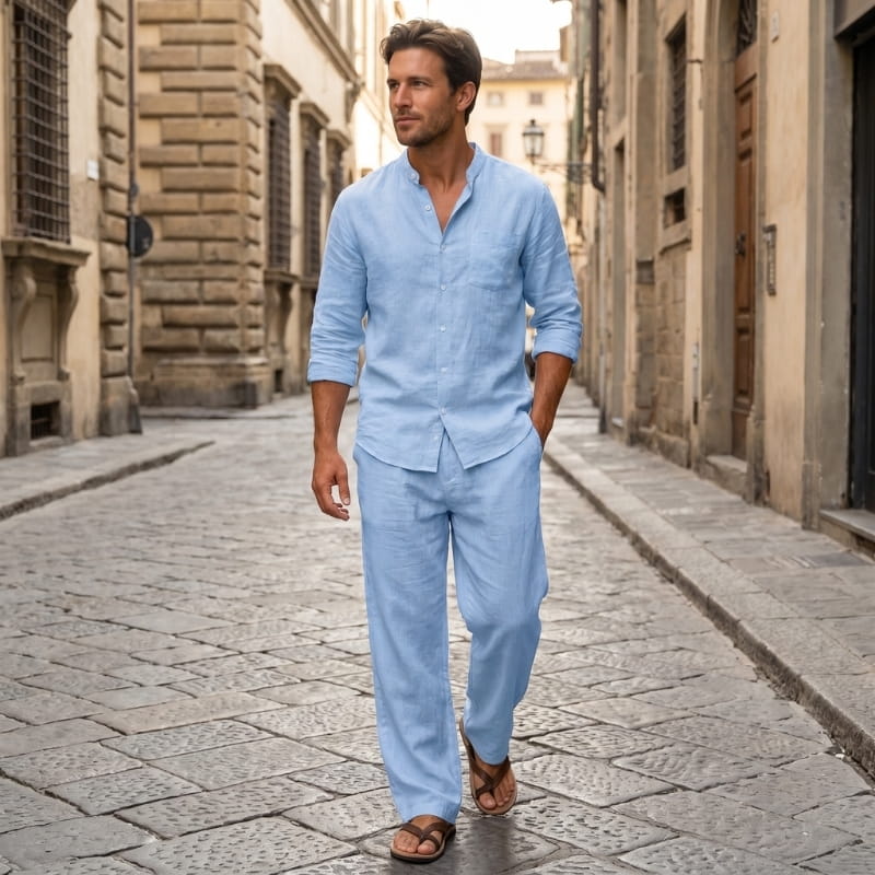 Felix Linen Two-Piece Set – Band Collar Shirt Wide Leg Elastic Waist Relaxed Casual Outfit