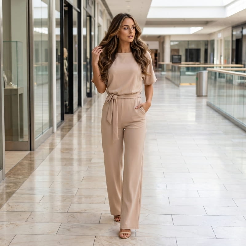 Nadia Woven Wide Leg Jumpsuit – Bateau Neck Dolman Sleeve Self-Tie Belt Elegant Occasion Outfit