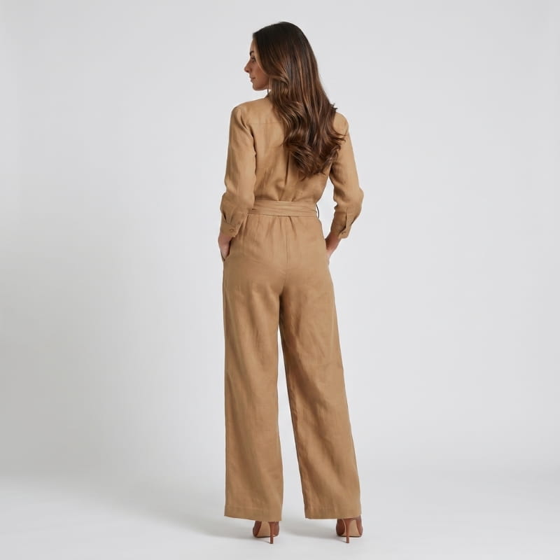 Jessy Linen Wide Leg Jumpsuit – Shirt Collar Self-Tie Belt Long Sleeve Elegant Casual Outfit