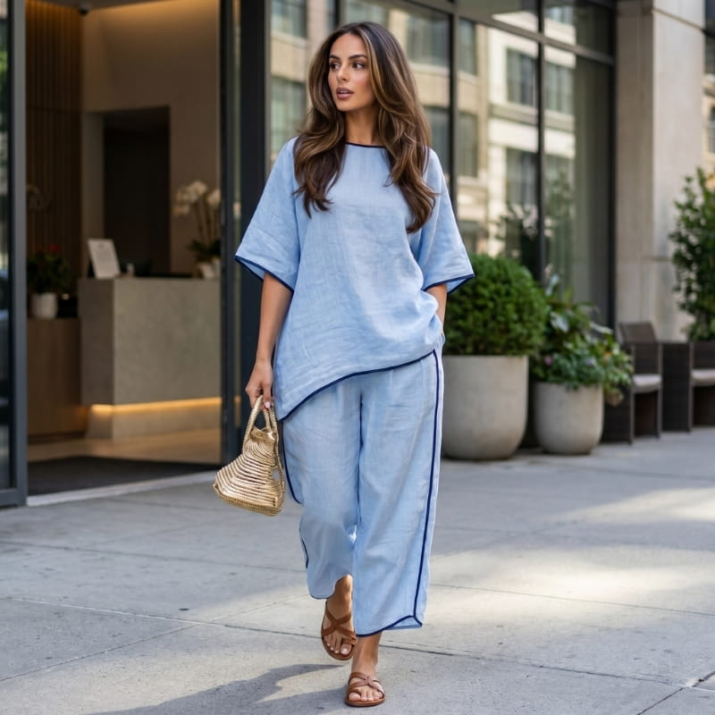 Alona Contrast Trim Linen Two-Piece Set – Round Neck Oversized Top Cropped Wide Leg Outfit