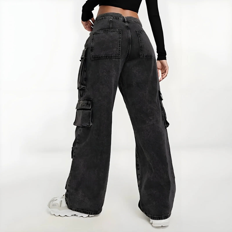 Jenny High Waist Acid Wash Utility Cargo Pants – Modern Wide Leg Street Trousers
