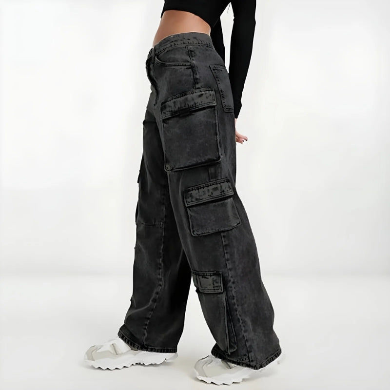 Jenny High Waist Acid Wash Utility Cargo Pants – Modern Wide Leg Street Trousers