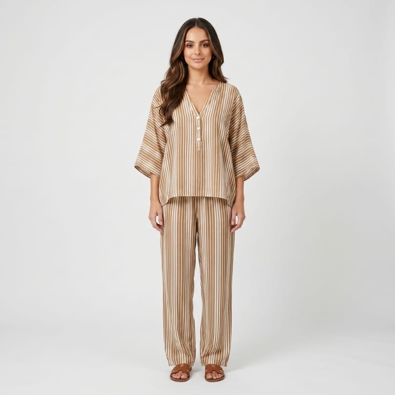 Dania Striped Woven Two-Piece Set – Batwing V-Neck Top Wide Leg Drawstring Relaxed Outfit