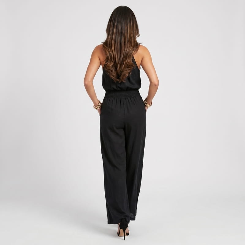 Lorena Linen Halter Neck Jumpsuit – Smocked Waist Wide Leg Sleeveless Boho Casual Outfit