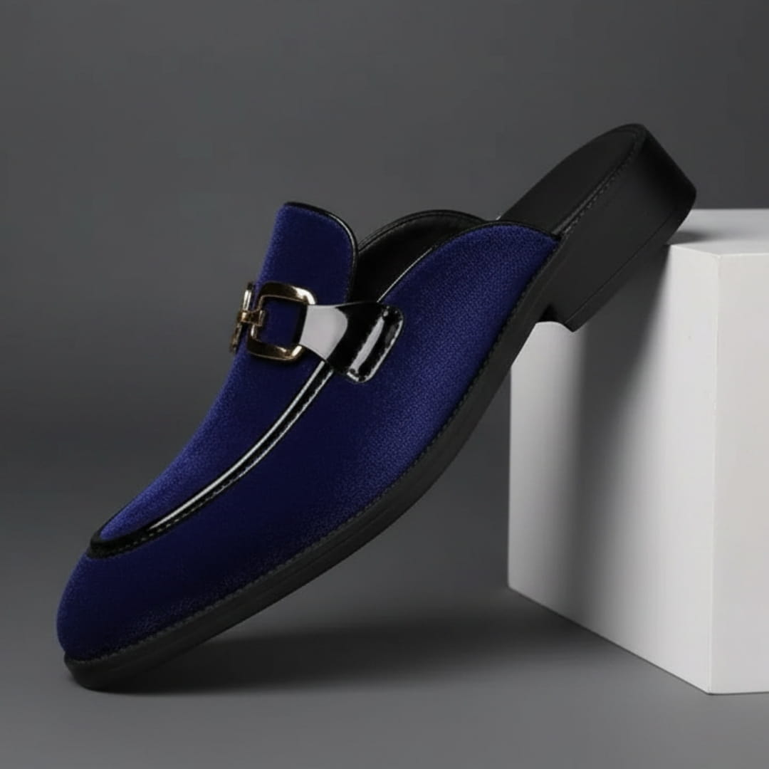 Eric Velvet Mule Loafers – Backless Almond Toe Slip-On Shoes with Metal Detail