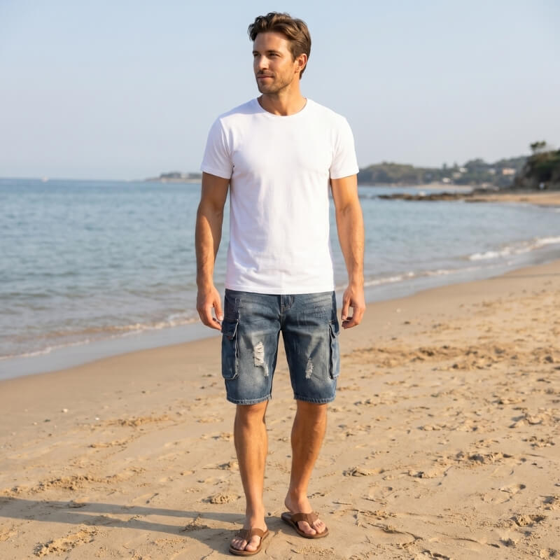 Xavier Stretch Denim Cargo Shorts – Distressed Raw Edge Flap Pocket Relaxed Casual Trousers