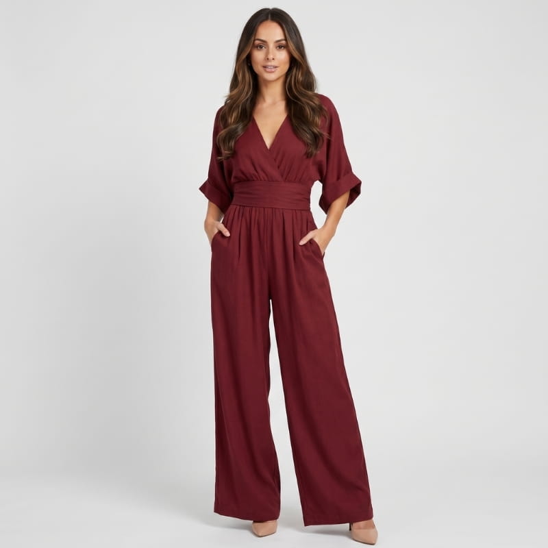 Selene Woven Wide Leg Jumpsuit – Deep V-Neck Obi Waist Dolman Sleeve Elegant Casual Outfit