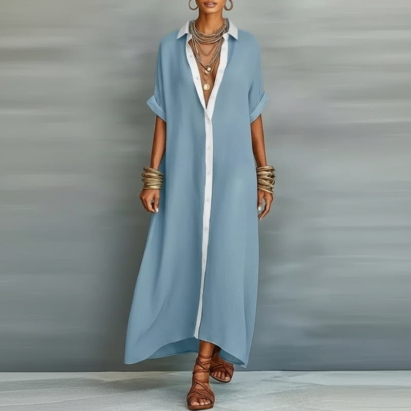 Aurelia Cotton Linen Contrast Trim Button Shirt Maxi Dress – Relaxed Vacation Silhouette
