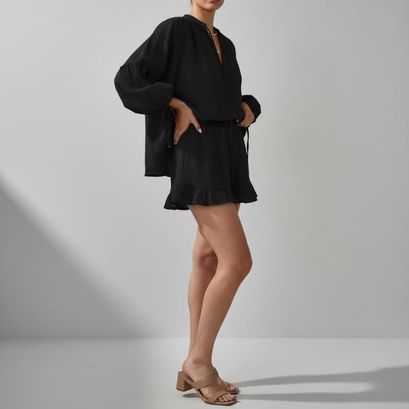 Aveline Puff Sleeve Two Piece Short Set Soft Fabric Relaxed Summer Outfit