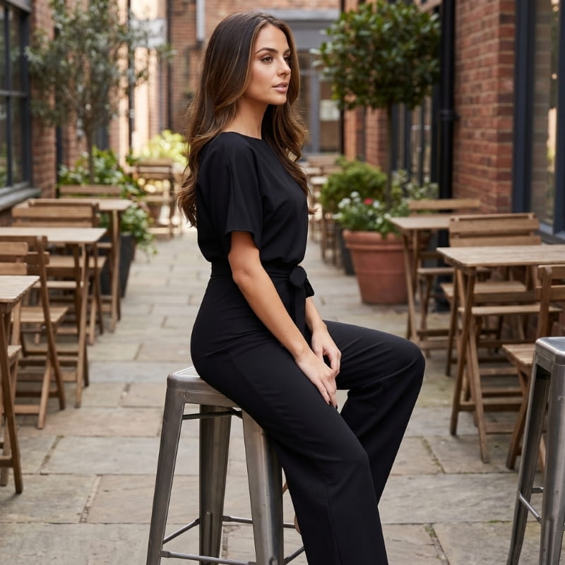Nadia Woven Wide Leg Jumpsuit – Bateau Neck Dolman Sleeve Self-Tie Belt Elegant Occasion Outfit