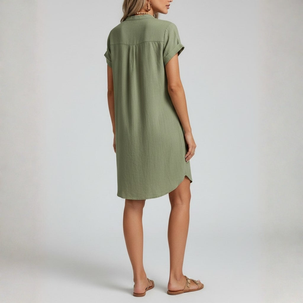 Riviera Cotton Blend V-Neck Shirt Dress – Lightweight Button Front Mini Casual Wear