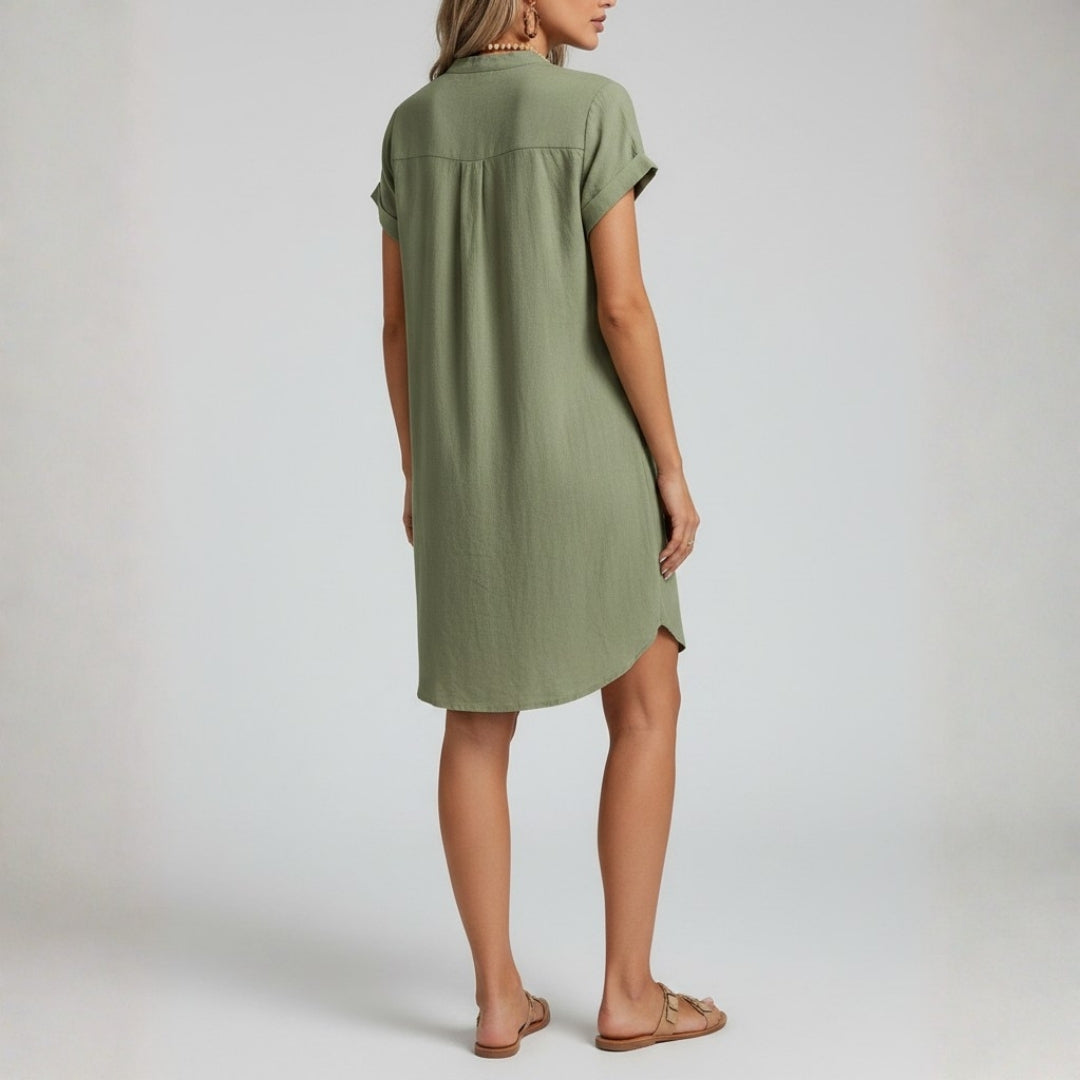 Riviera Cotton Blend V-Neck Shirt Dress – Lightweight Button Front Mini Casual Wear