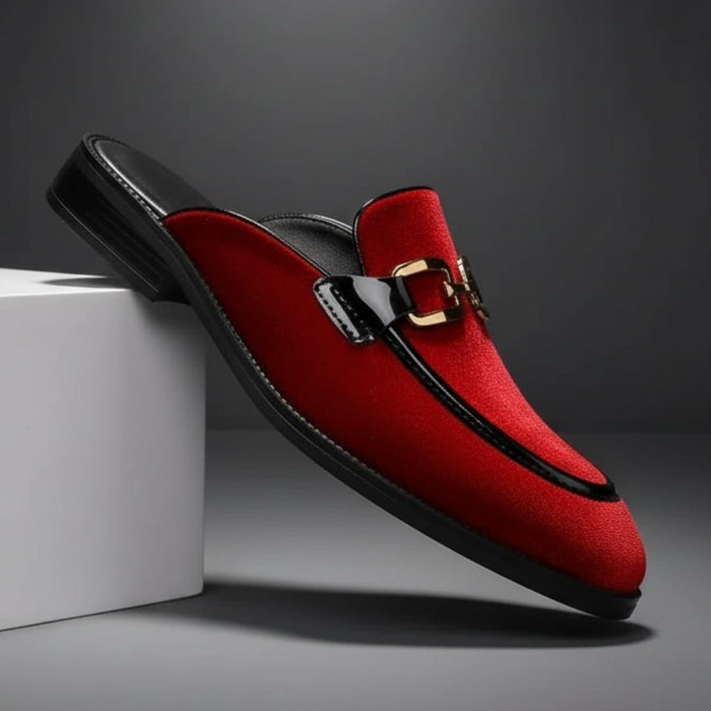 Eric Velvet Mule Loafers – Backless Almond Toe Slip-On Shoes with Metal Detail