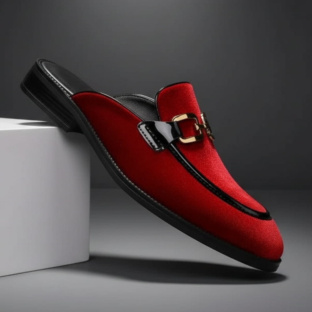 Eric Velvet Mule Loafers – Backless Almond Toe Slip-On Shoes with Metal Detail