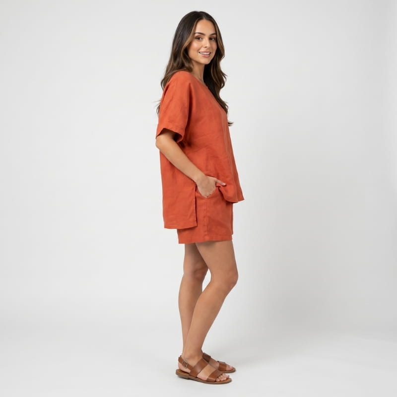Brisa Linen Two-Piece Set – Batwing Round Neck Oversized Top Elastic Waist Shorts Casual Outfit
