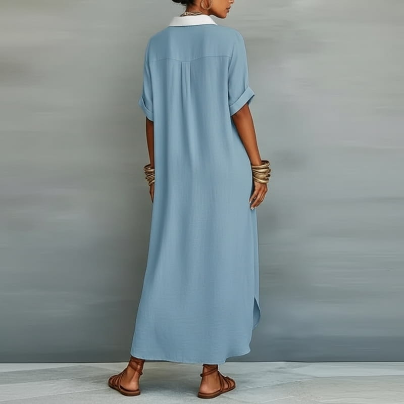Aurelia Cotton Linen Contrast Trim Button Shirt Maxi Dress – Relaxed Vacation Silhouette