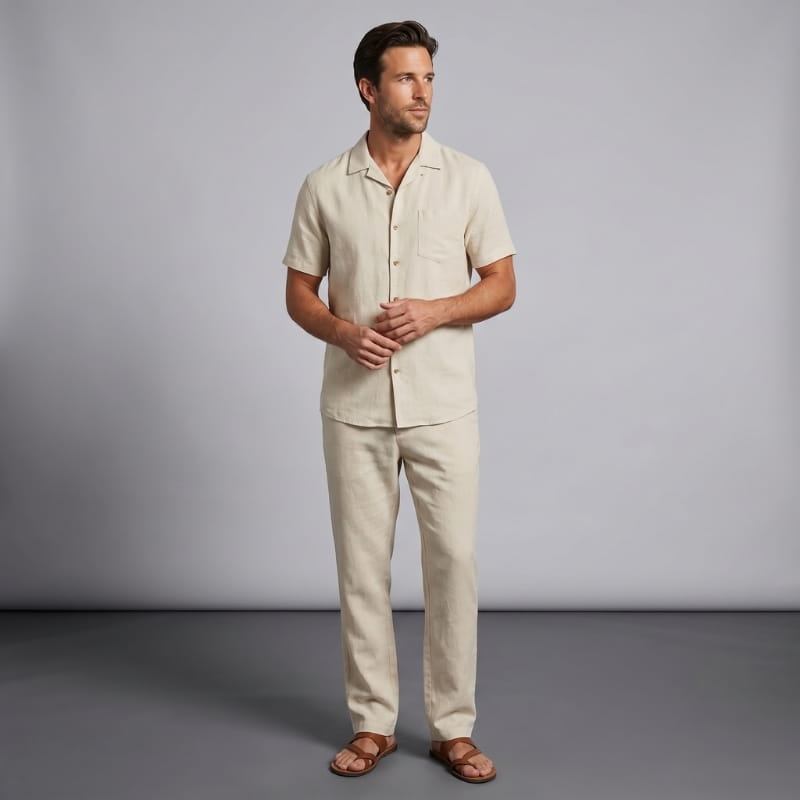 Kevin Linen Two-Piece Set – Cuban Collar Shirt Straight Leg Trouser Relaxed Resort Casual Outfit