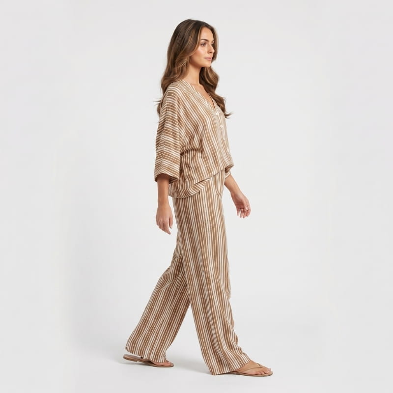 Dania Striped Woven Two-Piece Set – Batwing V-Neck Top Wide Leg Drawstring Relaxed Outfit