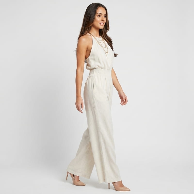 Lorena Linen Halter Neck Jumpsuit – Smocked Waist Wide Leg Sleeveless Boho Casual Outfit