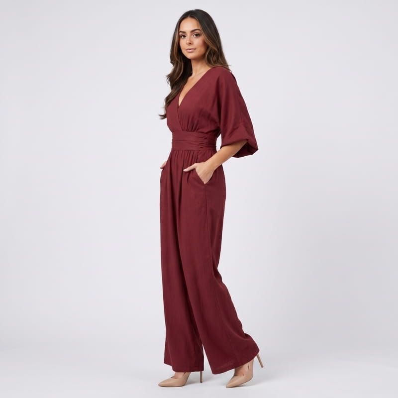 Selene Woven Wide Leg Jumpsuit – Deep V-Neck Obi Waist Dolman Sleeve Elegant Casual Outfit